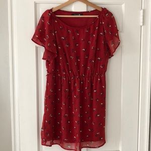 Red tunic top empire waist floral print
